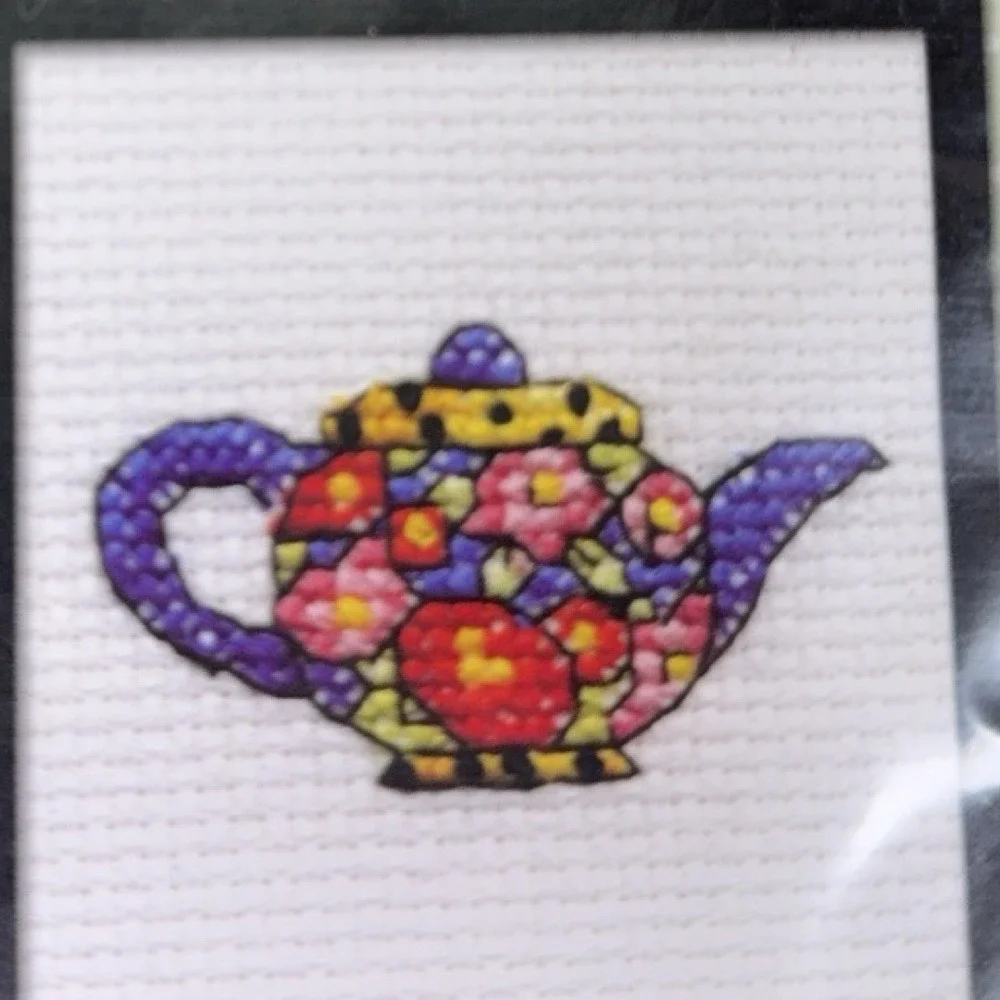 ME Mary Engelbreit Blue Tea Pot Plaid Bucilla Counted Cross Stitch- Sealed
